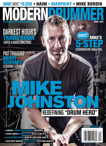 Modern Drummer April 2014 cover featuring Mike Johnston.